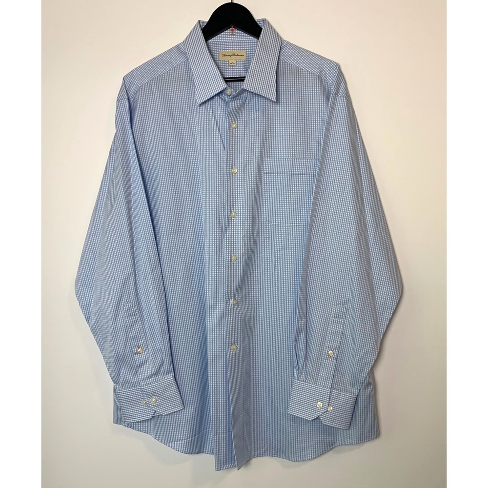 Tommy Bahama Button Down Shirt Mens 18 34/35 Blue Gingham Long Sleeve Preppy